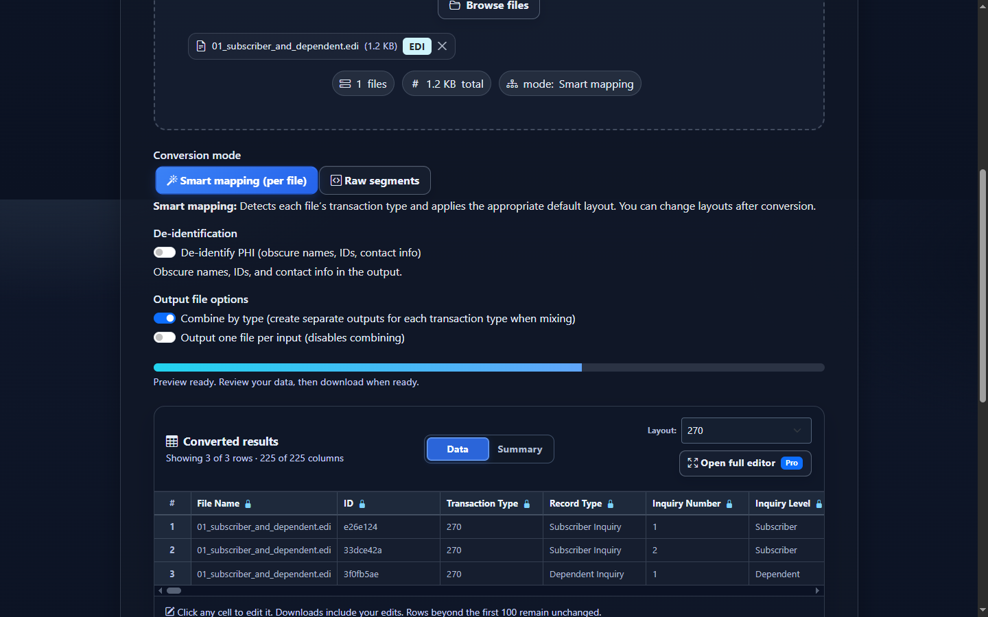 Real converted EDI 270 preview showing labeled fields from synthetic eligibility inquiry data